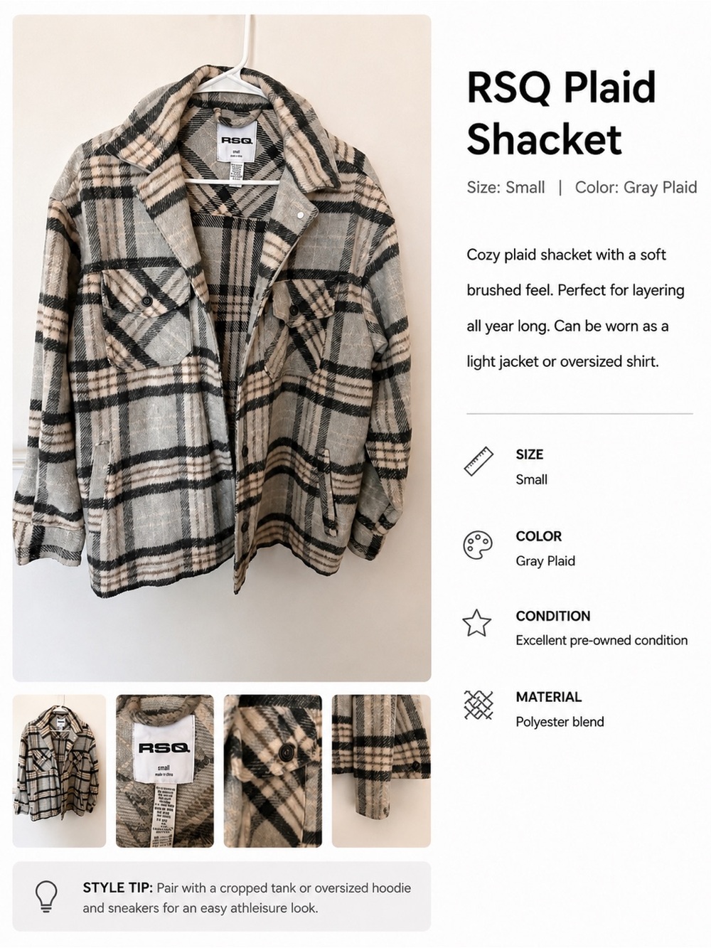 RSQ Plaid Shacket in Gray and Cream